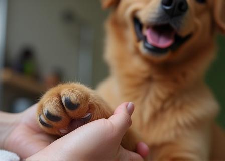 Groomer applying paw balm to a happy dog.