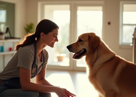 Groomer greeting a dog and its owner.