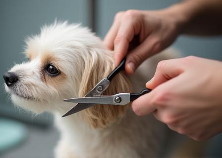 Groomer carefully scissoring a dog's fur.