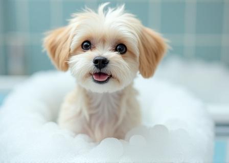 Small dog enjoying a bubbly bath in a grooming tub.