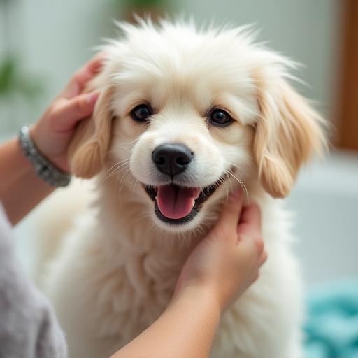 Happy dog being gently brushed after a bath.