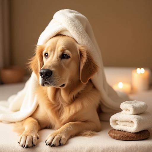 Relaxed dog with a towel wrap in a spa-like setting.